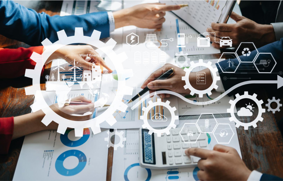 Gears and circuits illustrating how outsourcing provides access to cutting-edge tech advancements and innovations