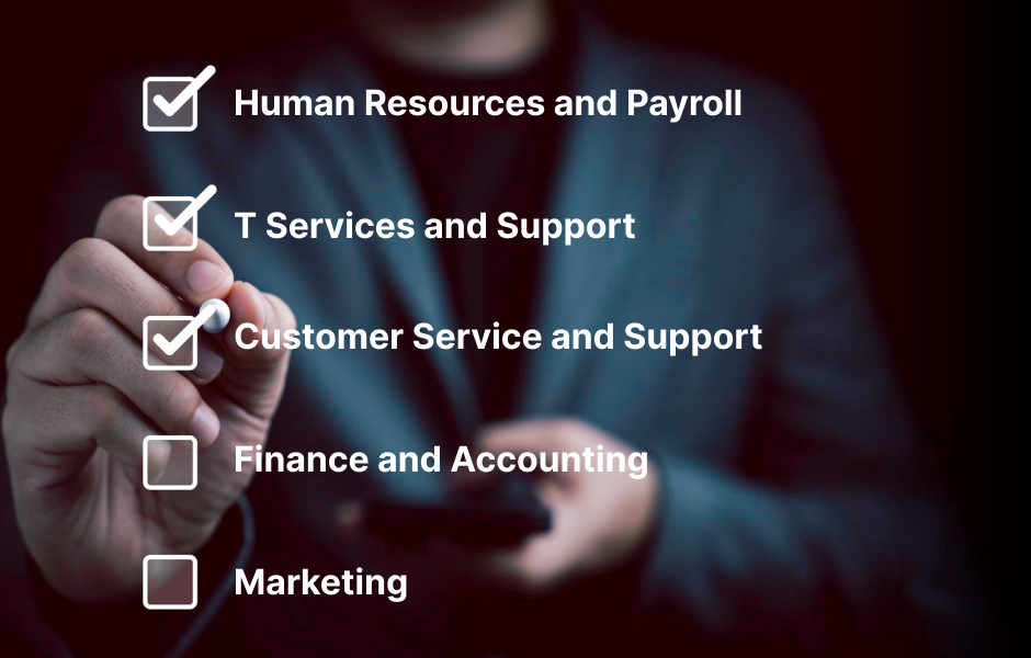 Checklist of key business functions that are ideal for outsourcing: HR, IT, customer service, finance