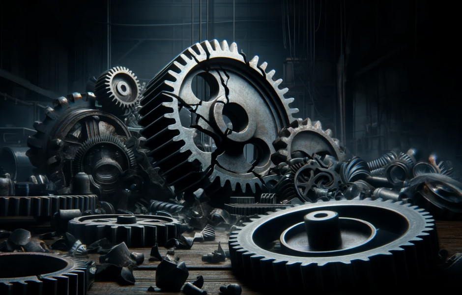 Broken gears symbolizing quality control issues and compromised standards in outsourcing decisions made