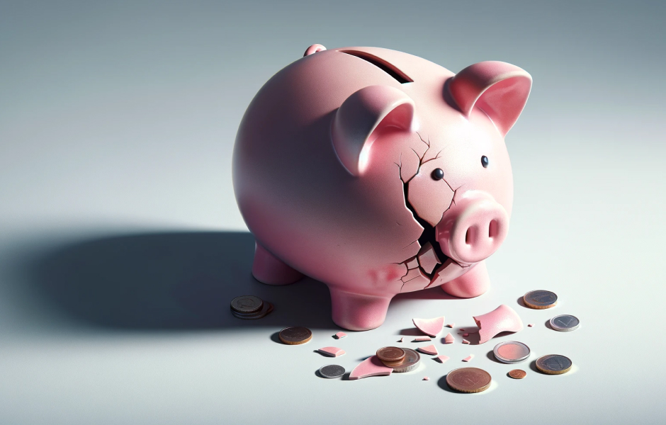 Piggy bank with a hole representing hidden costs and unexpected expenses not immediately evident in outsourcing