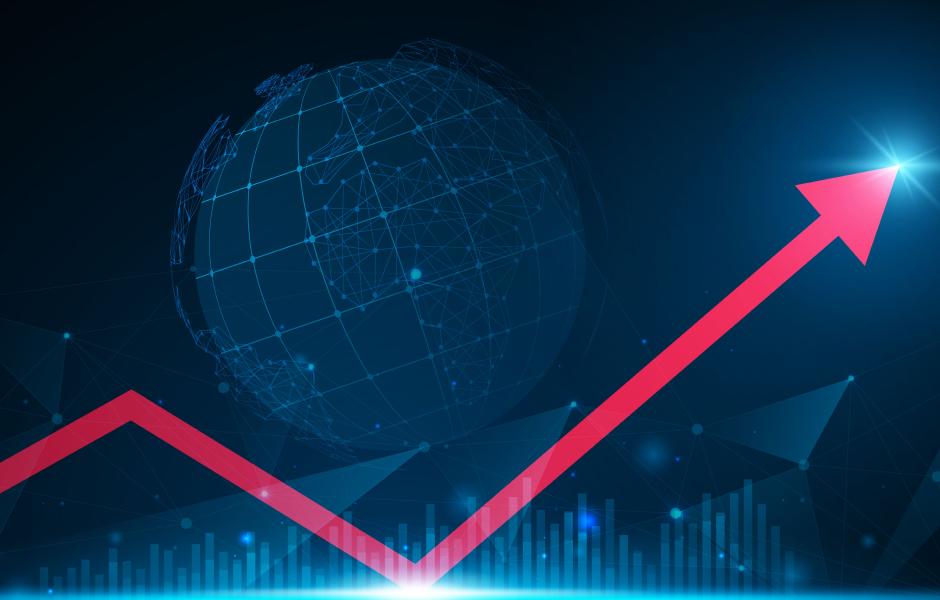 Globe with arrows representing the benefits of global outsourcing: cost savings, scalability, efficiency