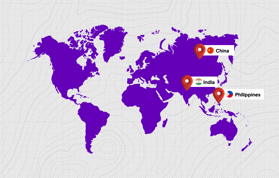 Map of offshoring destinations like India, China, and the Philippines, known for skilled workers and cost-effectiveness.